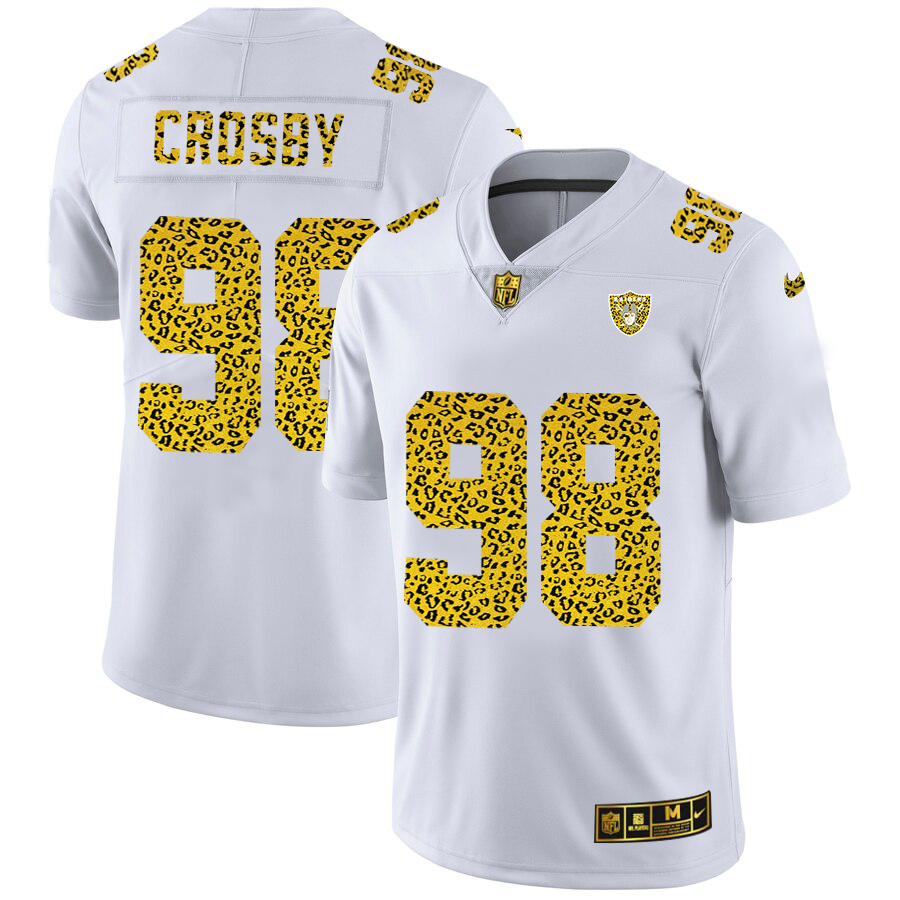 Custom Las Vegas Raiders 98 Maxx Crosby Men Nike Flocked Leopard Print Vapor Limited NFL Jersey White